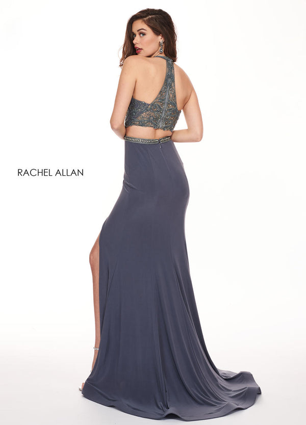 Rachel Allan 6641 Charcoal Grey 2 Piece Jersey Dress with Slit