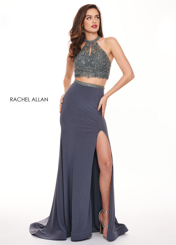 Rachel Allan 6641 Charcoal Grey 2 Piece Jersey Dress with Slit