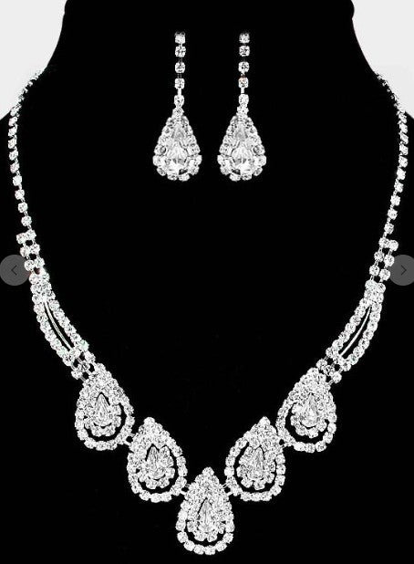 Crystal Teardrop Rhinestone Silver Necklace and Earring Set