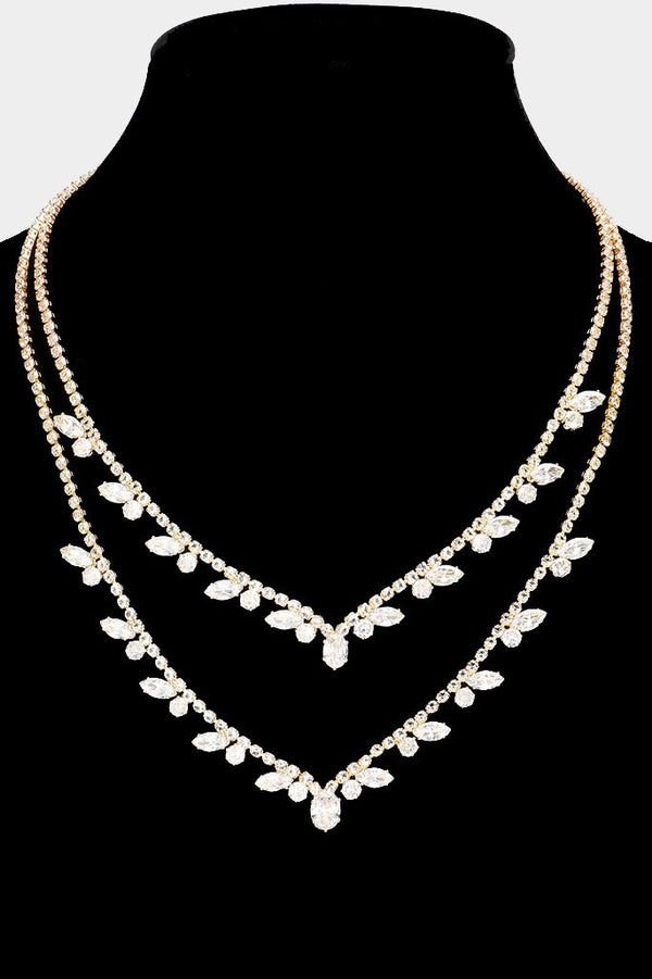 Cubic Zirconia Marquise Pointed Rhinestone Paved Double Layered Necklace - Silver, Gold or Rosegold