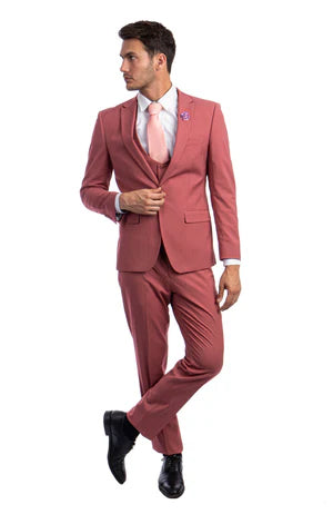 Rose Pink Coral Three Piece Tazio Slim Fit Salmon Suit