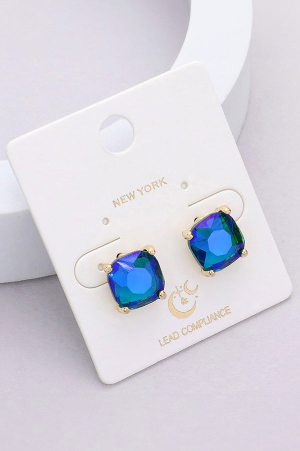 Cushion Square Stone Stud Earrings - Rose Pink, Fuchsia, Lavender AB, Blue AB, or Blue Violet