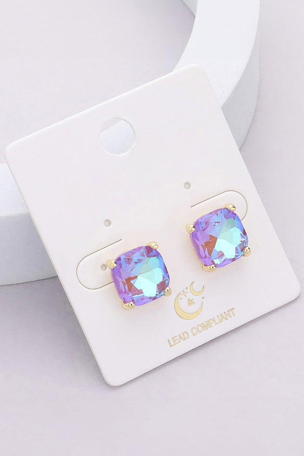 Cushion Square Stone Stud Earrings - Rose Pink, Fuchsia, Lavender AB, Blue AB, or Blue Violet
