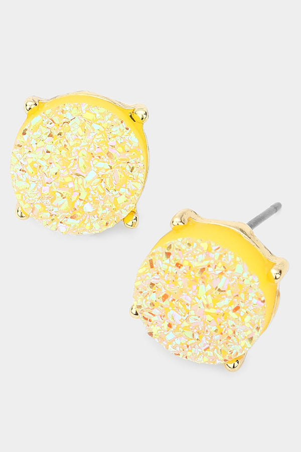 Yellow Iridescent Round Druzy Stud Earrings