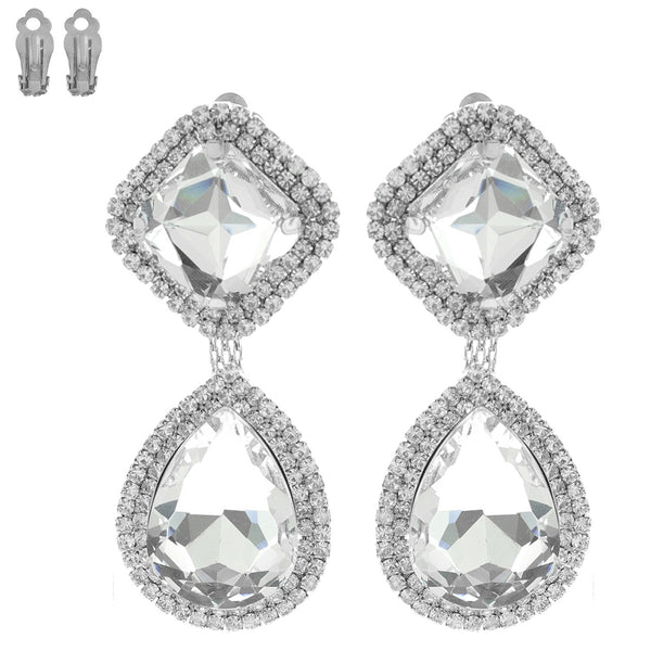 Clear Crystal Rhinestone Halo Silver Clip On Earring