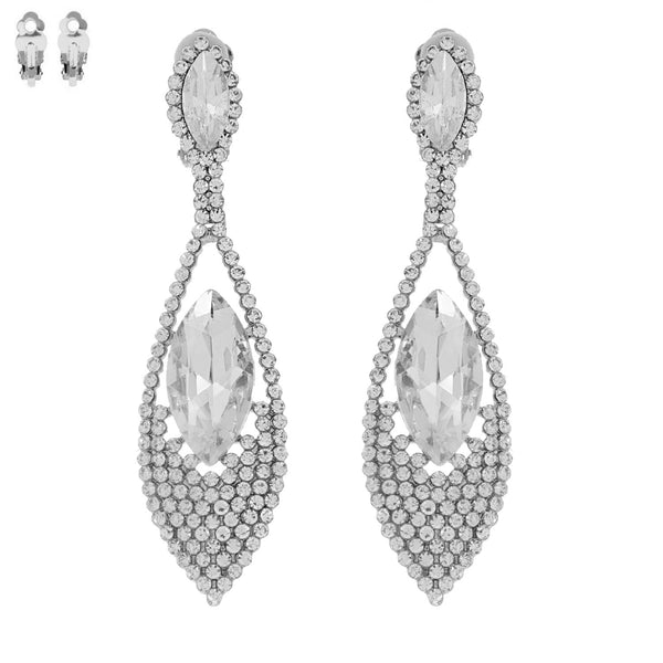 Petal Shape Crystal Pave Drop Silver Clip-On Earrings
