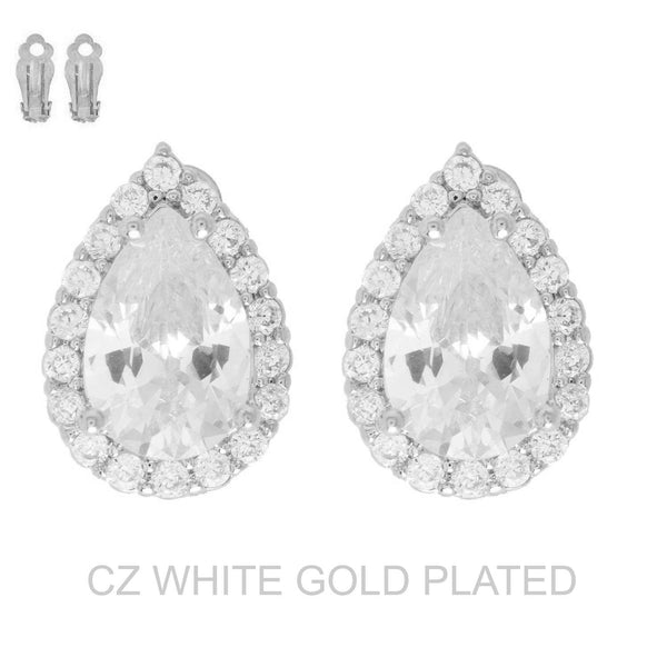 Cubic Zirconia Teardrop Halo Clip-on Stud Earrings - Gold or Silver