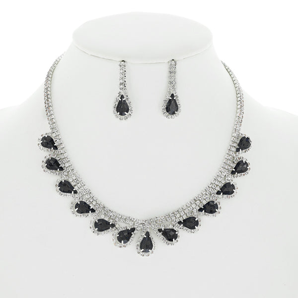 Crystal Teardrop Cluster Princess Necklace and Earring Set - Jet / Silver or Crystal / Gold