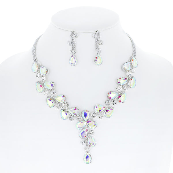 Iridescent Teardrop Cluster Lariat Necklace and Earring Set