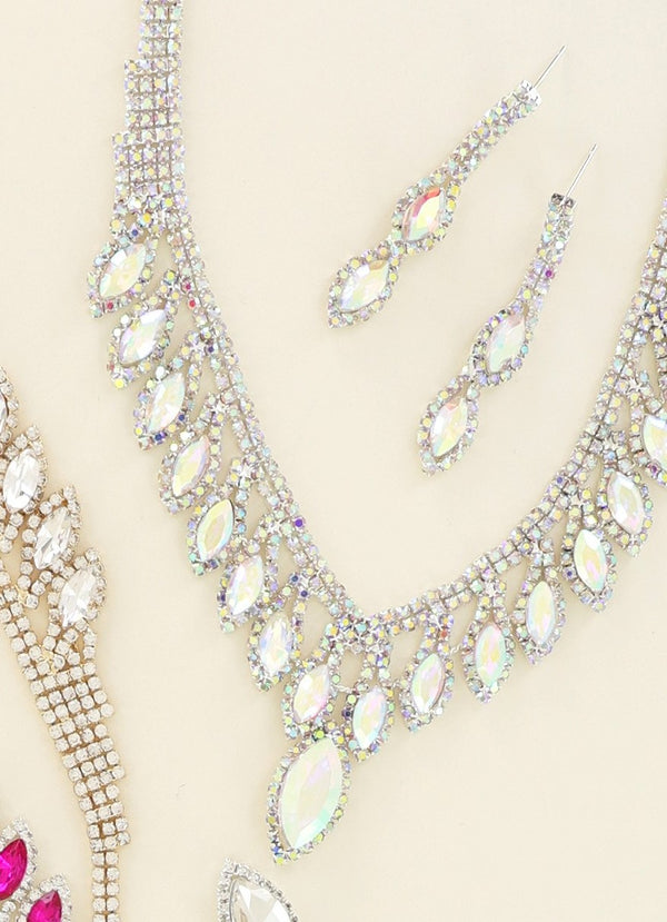 Crystal Marquise Petal V-Shape Fringe Necklace and Earring Set - Fuchsia Silver, AB Silver, Crystal Silver