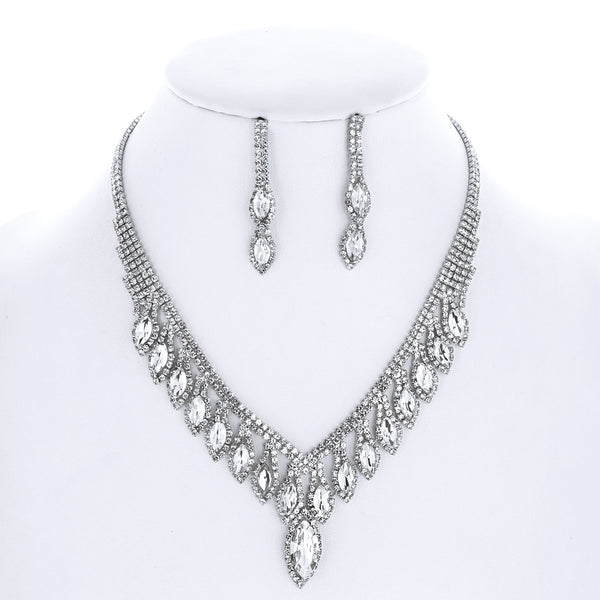 Crystal Marquise Petal V-Shape Fringe Necklace and Earring Set - Fuchsia Silver, AB Silver, Crystal Silver