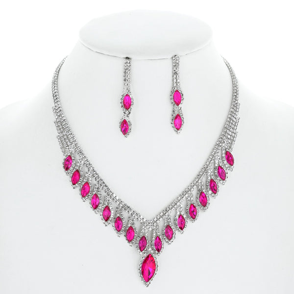 Crystal Marquise Petal V-Shape Fringe Necklace and Earring Set - Fuchsia Silver, AB Silver, Crystal Silver