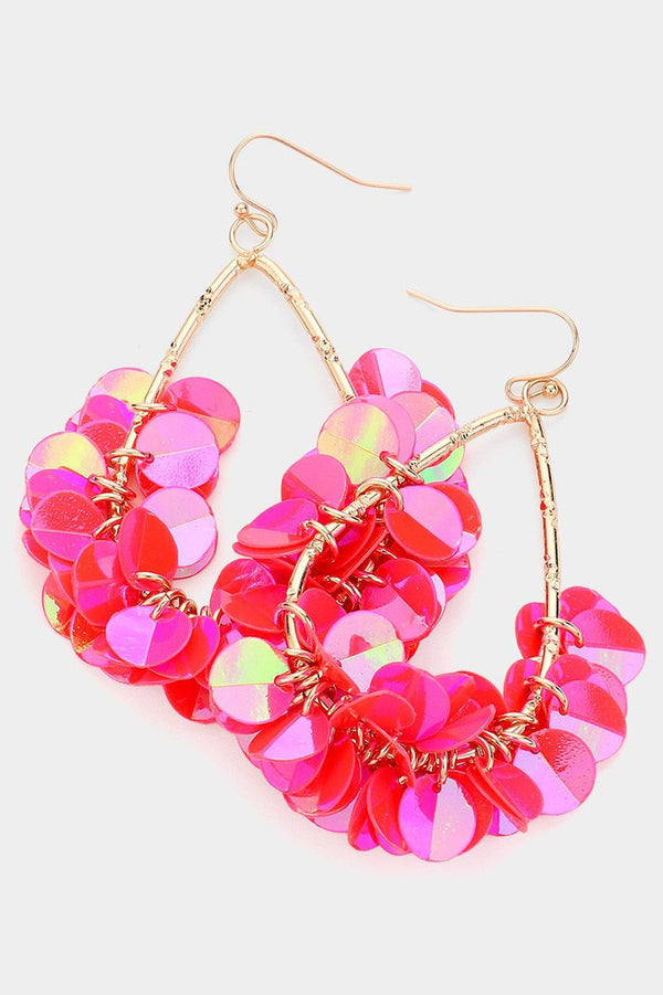 Iridescent Sequin Fringe Teardrop Dangle Earrings - Bright Orange or Hot Pink