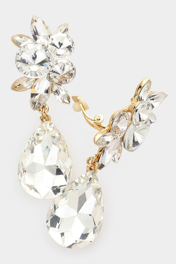 Large Crystal Teardrop Clip-On Earrings - Gold or Silver