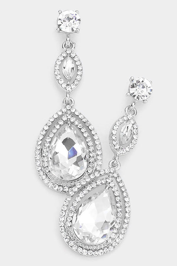 Long Glass Crystal Teardrop Silver Earrings
