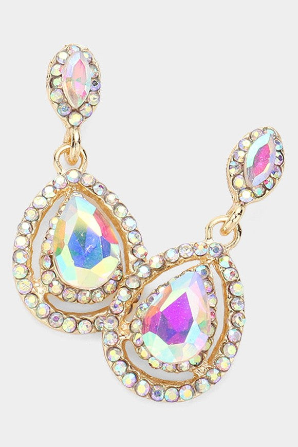 Crystal Teardrop Gold Earrings - Fuchsia Pink or Iridescent AB