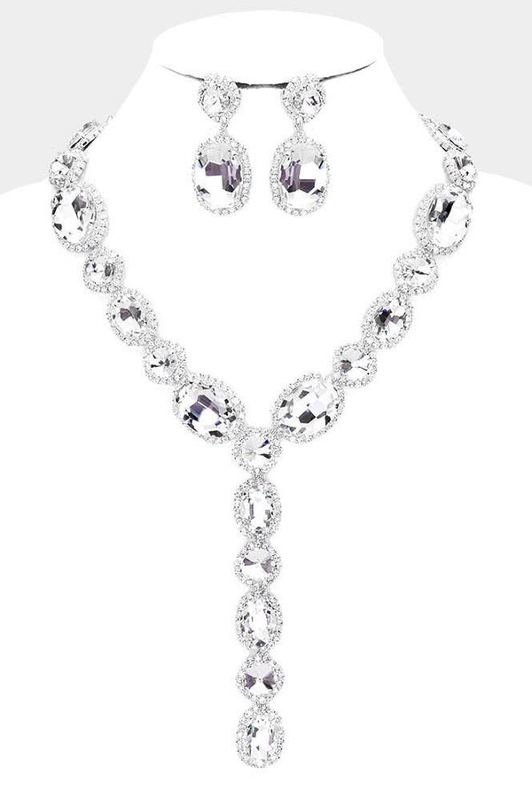 Glass Crystal Rhinestone Y Evening Necklace and Earring Set