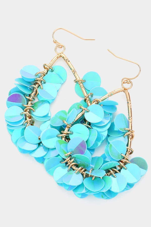 Light Blue / Aqua Sequin Fringe Teardrop Dangle Earrings