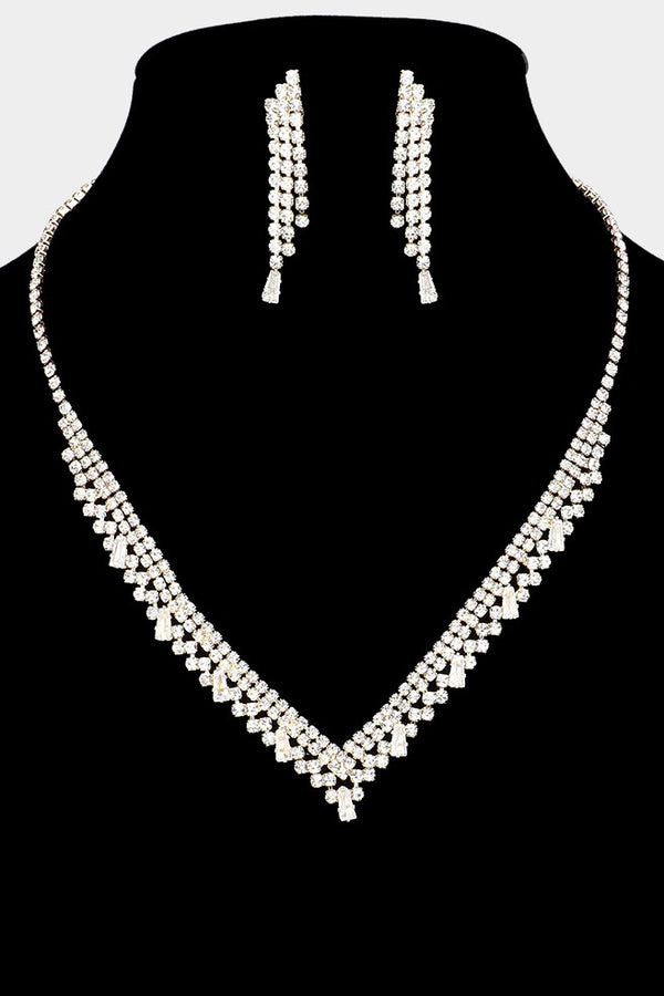 Cubic Zirconia Paved V-Shape Gold Necklace and Earring Set