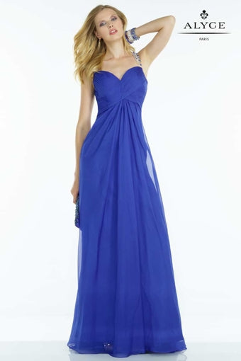 Alyce Paris 1120 Sapphire Blue Chiffon Dress with Stunning Beaded Illusion Back