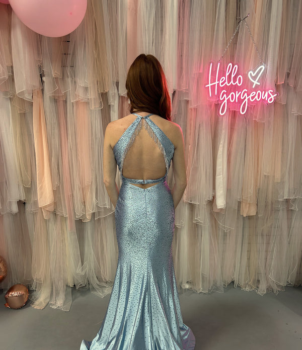 Ava Presley 37394 Light Blue  Halter Fit-n-Flare Dress with Fringe