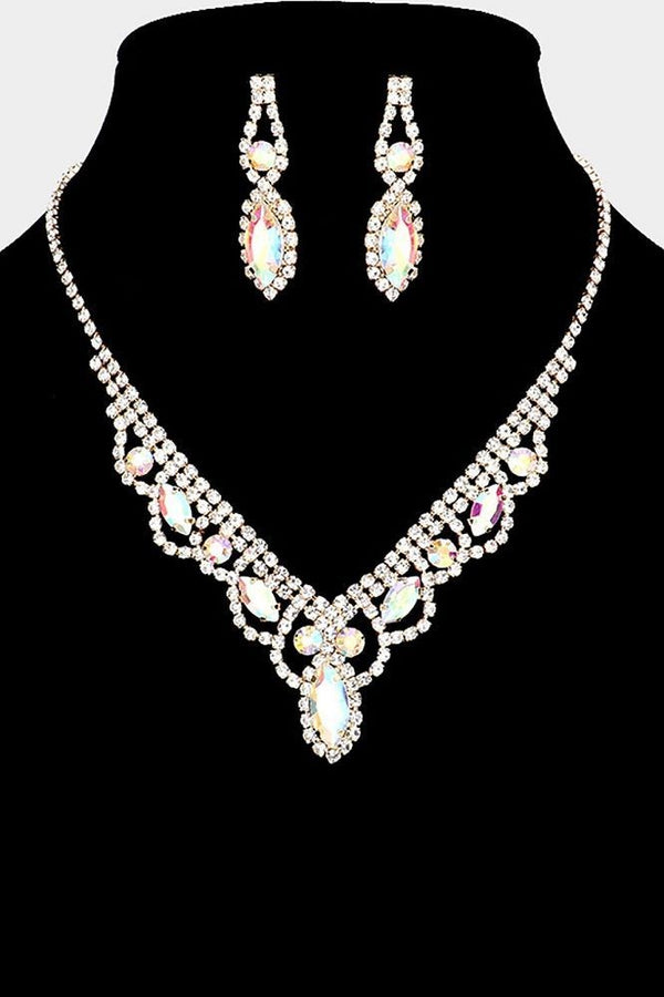 Crystal Rhinestone Pave Gold Necklace and Earring Set