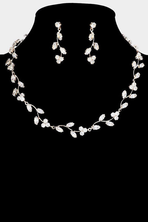 Cubic Zirconia Floral Cluster Necklace and Earring Set - Gold or SIlver