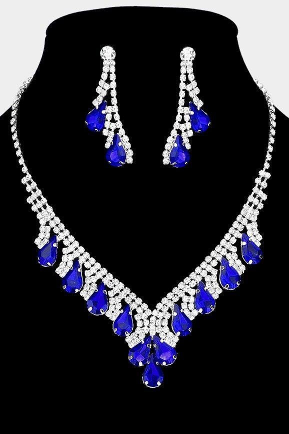 Teardrop Crystal Rhinestone Vine Necklace and Earring Set - Red, Royal Blue or Gold