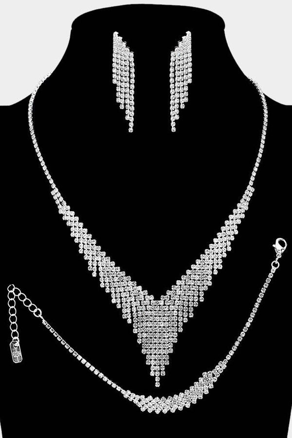 Rhinestone Paved Fringe Necklace, Earring and Bracelet Jewelry Set - Rose Pink, Aqua or Crystal Silver