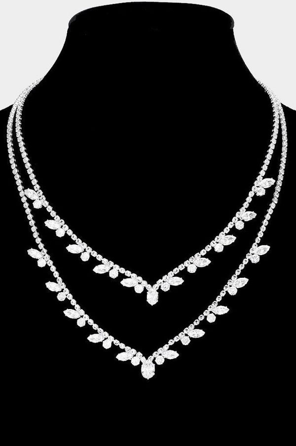 Cubic Zirconia Marquise Pointed Rhinestone Paved Double Layered Necklace - Silver, Gold or Rosegold