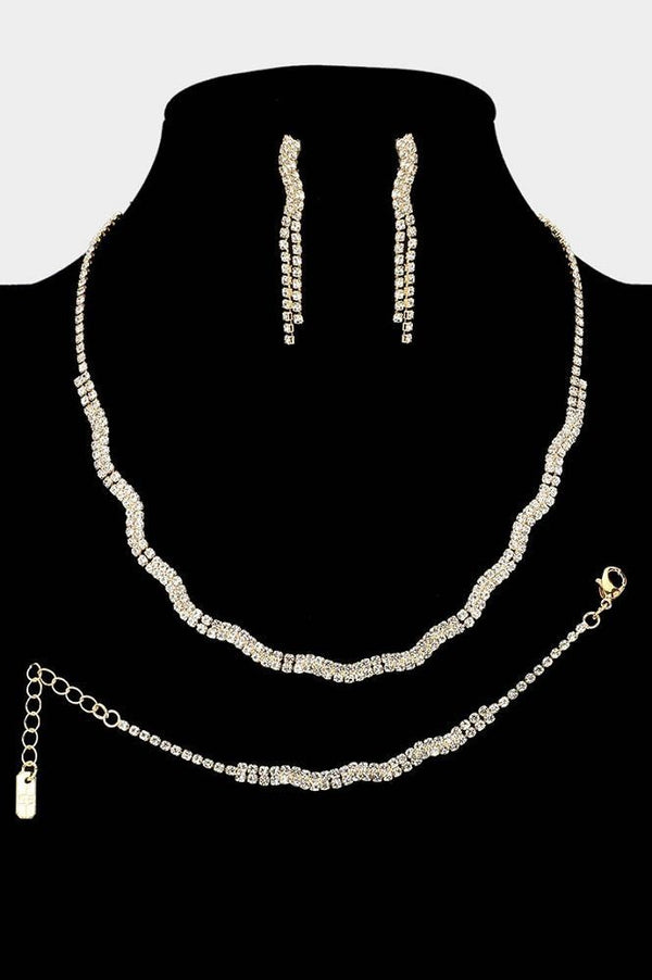 Rhinestone Paved Wavy Necklace, Earring and Bracelet Set - Silver or Gold