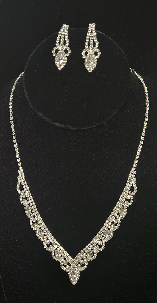 Crystal Rhinestone Marquise Stone Accented Rhinestone Gold Necklace and Earring Set