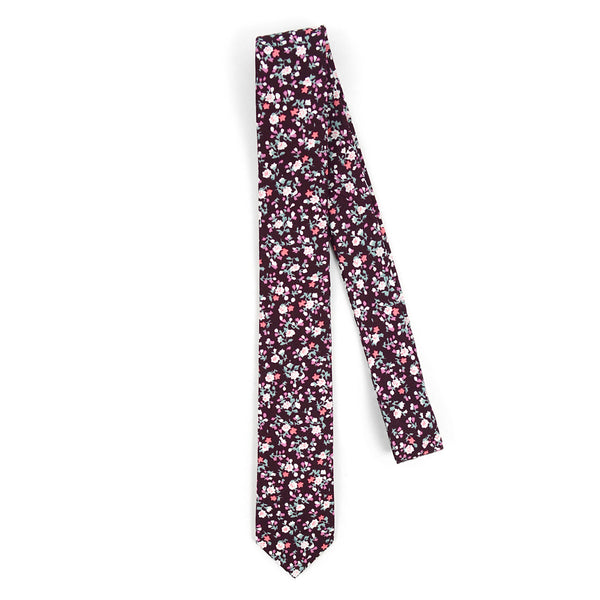 Plum / Violet / Pink Floral Woven Cotton Slim Necktie