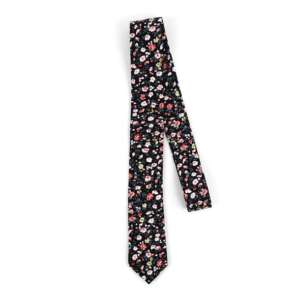Black / Pink Floral Print Cotton Slim Necktie