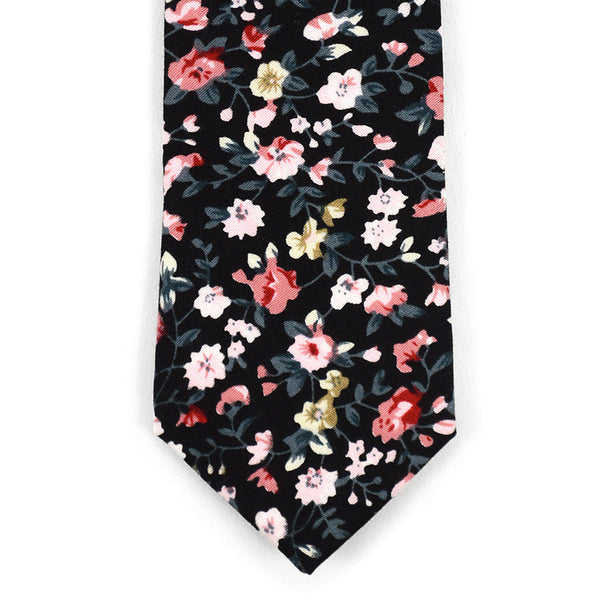 Black / Pink Floral Print Cotton Slim Necktie