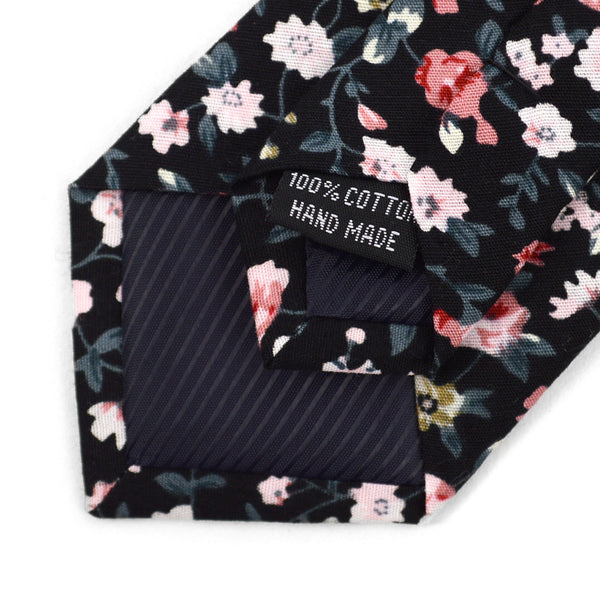 Black / Pink Floral Print Cotton Slim Necktie