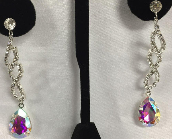 Aurora Borealis Dangle Teardrop Swirl Silver Rhinestone Earring