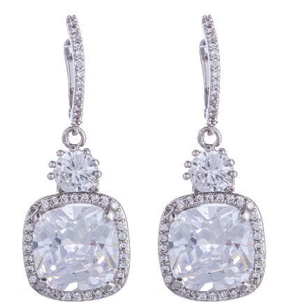 Cubic Zirconia Square Drop Silver Earrings