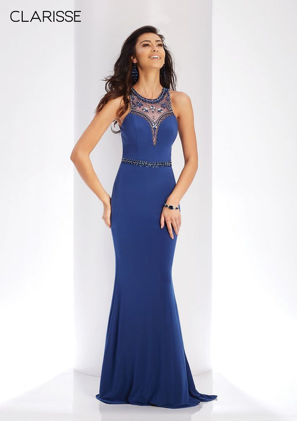 Clarisse 3511 Marine Blue Beaded High Neck Fitted Dress - Size 0