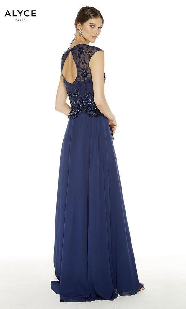 ALYCE Paris 27326 Navy Blue Modest A-Line Chiffon Dress - Size 8