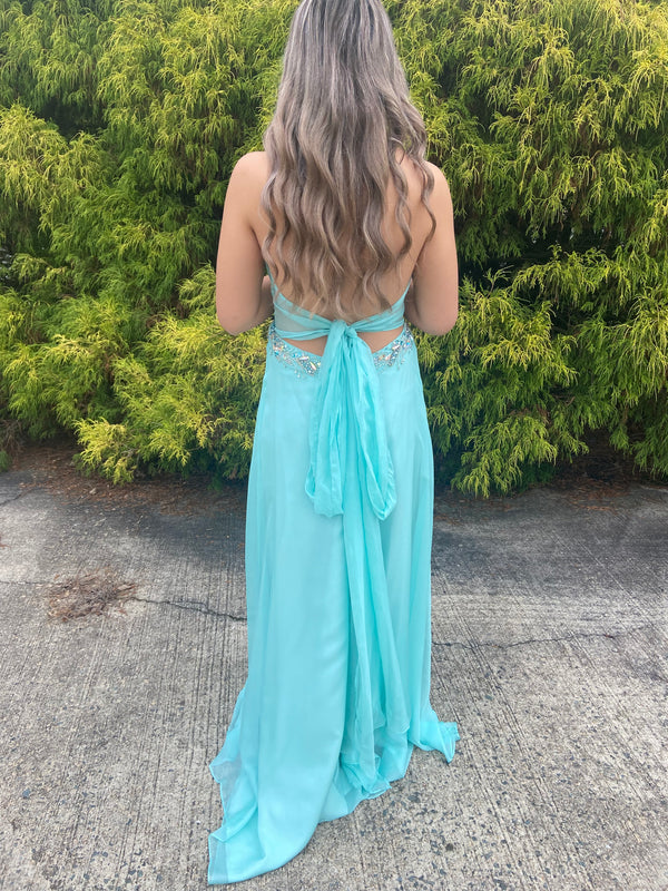 Alyce 6266 Aqua Sweetheart Chiffon A-Line Dress with Tie Back