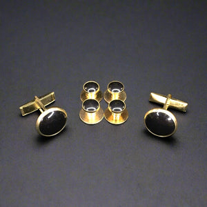 Black center with Gold edging Set includes 4 Studs and 2 Cufflinks to dresses up your Formal Tuxedo Shirt