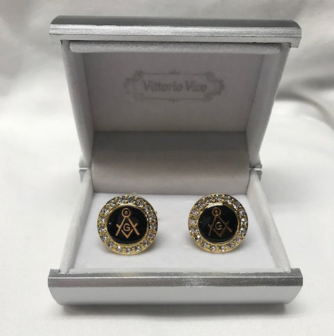 Masonic Square and Compass Gold Rhinestone Boxed Cufflinks
