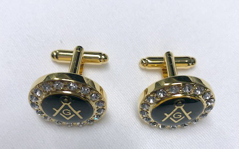 Masonic Square and Compass Gold Rhinestone Boxed Cufflinks