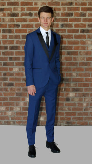 Cobalt Blue West End Three Piece Tuxedo Black Peak Satin Lapel