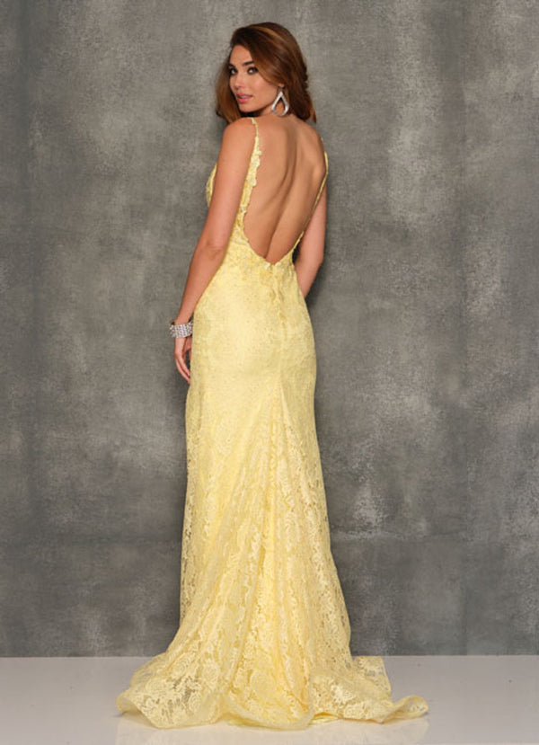 Dave & Johnny 10567 Fitted Yellow Lace Dress with Slit - Size 16