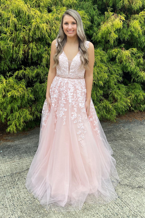 ENVIOUS Couture 1456 Blush V-Neck Lace Tulle Beaded Belt Ballgown - Size 24