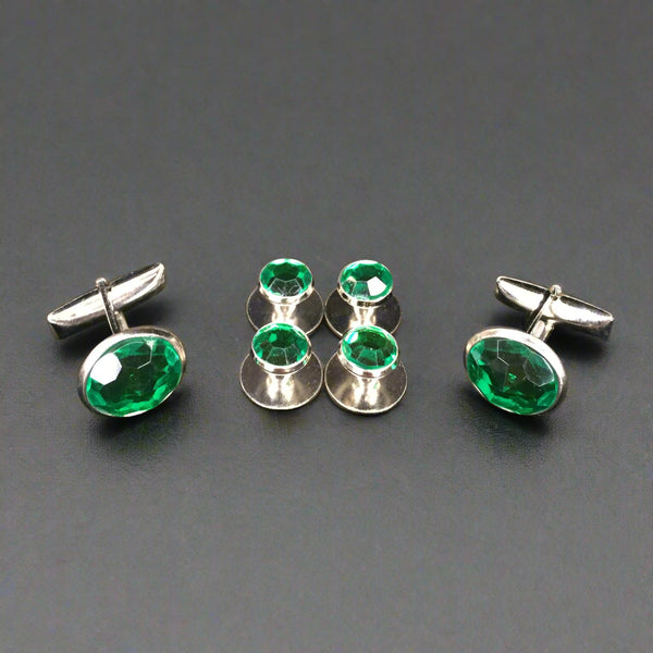 Emerald Green center with Silver Edging Set includes 4 Studs and 2 Cufflinks to dresses up your Formal Tuxedo Shirt.