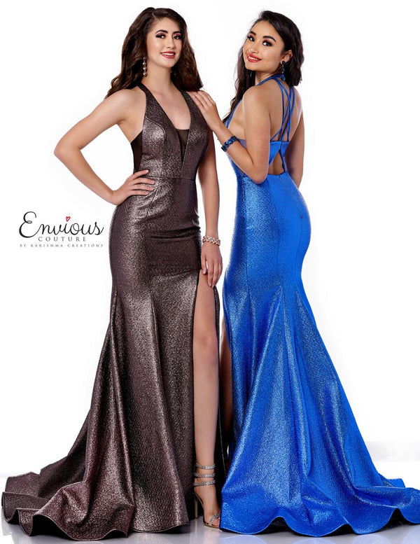 Envious Couture E1741 in Royal by Karishma Creations is a full length shimmering Prom Dress featuring a plunging halter neckline with criss cross back detail. A fit-n-n-flare silhouette with a high slit and sweet train. 