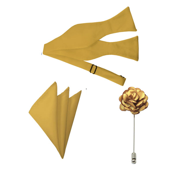 Gold Bow Tie, Pocket Square & Lapel Pin Formal Accessory Set